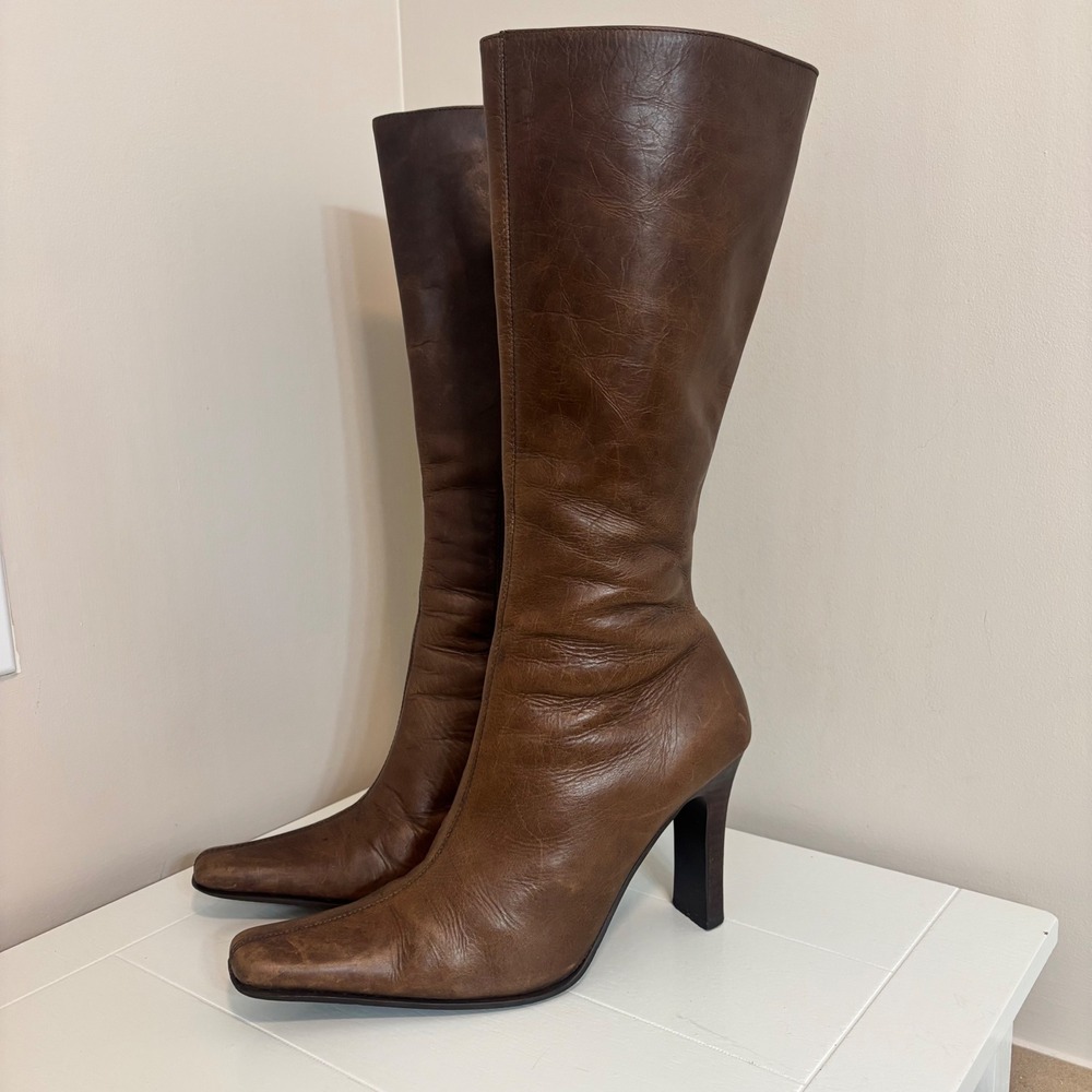 Steve Madden Brown Leather Heeled Boots Vintage Y2K 90s Minimalist Womens 8.5B